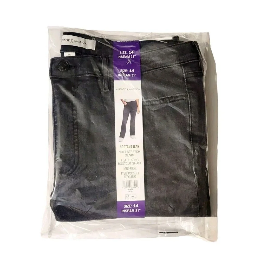 NWT Vintage X America Women's Bootcut High Rise Stretch Denim Jeans Black, Sz 14